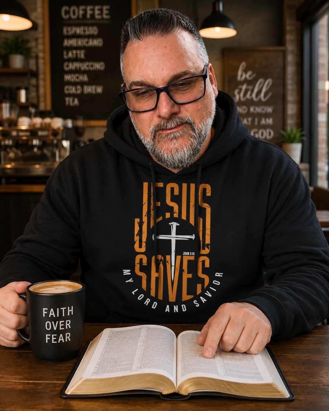 Keith wearing the Jesus Saves hoodie from KFM Witness Co. while reading his Bible over coffee